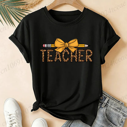 Leopard Teacher Pencil Bow Graphic T Shirt Women Teacher Appreciation Gift Casual Tops Short Sleeve Women's T-Shirts Clothing