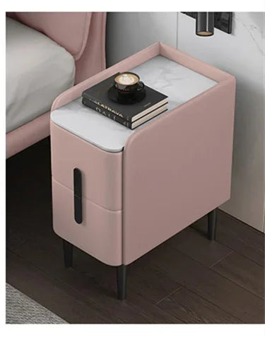 Moder Style Wooden Bedside Table Mini Narrow Leather Bedroom Nightstand Side Storage Cabinet with 2 Drawers Hotel End Table