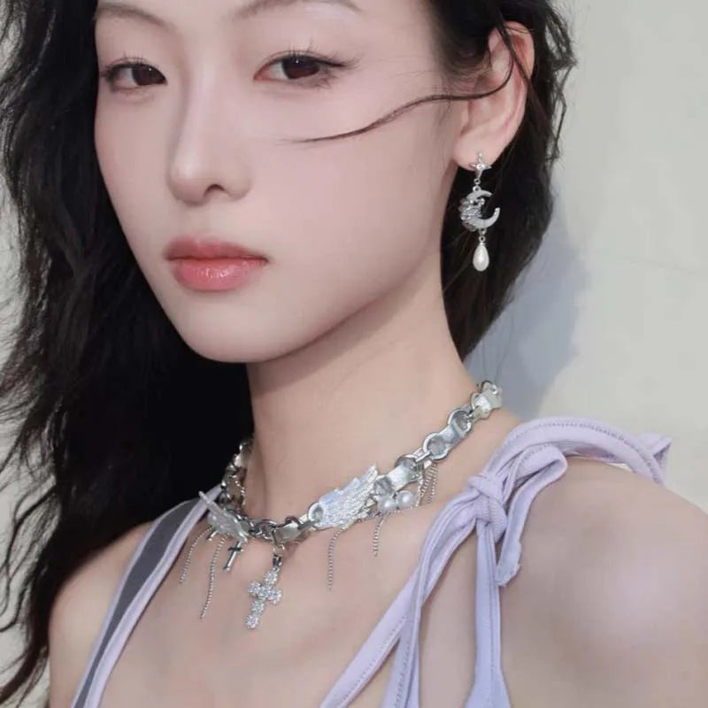 Fashion Asymmetric Shiny Star Moon Drop Earrings for Women Exquisite Metal Crystal Pearl Earrings Aesthetic Jewelry Accessories