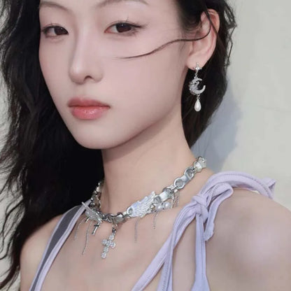 Fashion Asymmetric Shiny Star Moon Drop Earrings for Women Exquisite Metal Crystal Pearl Earrings Aesthetic Jewelry Accessories