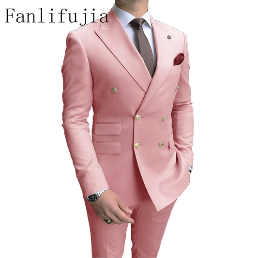Fanlifujia Double Breasted Men Suit Pink Two Pieces Slim Fit 2024 Italian Wedding Costume Party Prom Gold Button Male Suit