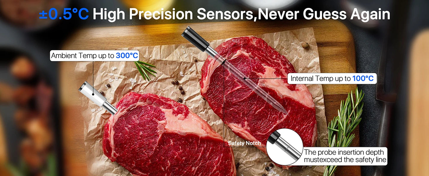 Wireless Meat Thermometer Digital with WiFi Unlimited Range & Bluetooth Support APP Alarm Reminder for BBQ, Oven, Air Fryer