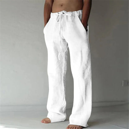Men's Cotton Linen Long Pants Summer Solid Color Breathable Linen Trousers Male Casual Elastic Waist Casual Pants  Men ﻿