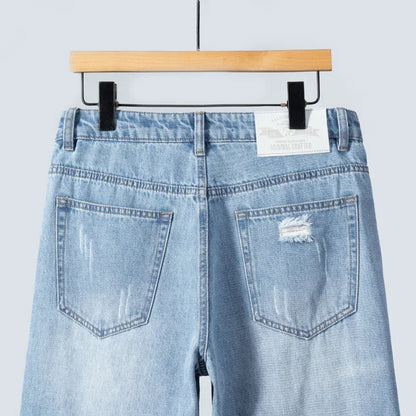 Summer Thin Ripped Jeans Mens Straight Breathable Washed Denim Trousers Casual Streetwear Harlen Ankle Length Pants Light Blue