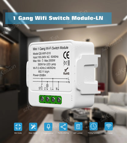 Tuya WiFi Smart Switch Module 1/2/3 Gang Switch Mini Smart DIY Breaker Smart Life 2 Way Control Works with Alexa Google Home