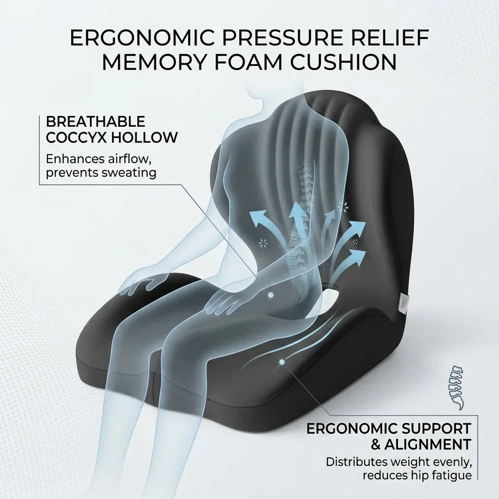 Ergonomic Coccyx Seat Pad Memory Foam Cushion Sciatica Pain Relief Posture Correction Mat for Home Office Car Wheelchair