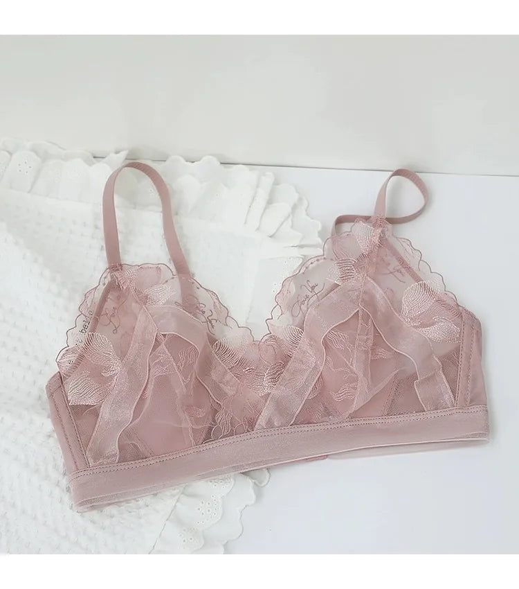Women's Bra Set French Sexy Sweet Girl Without Steel Ring Color Collision Underwear Thin Section Gathered Lace Triangle Cup Bra