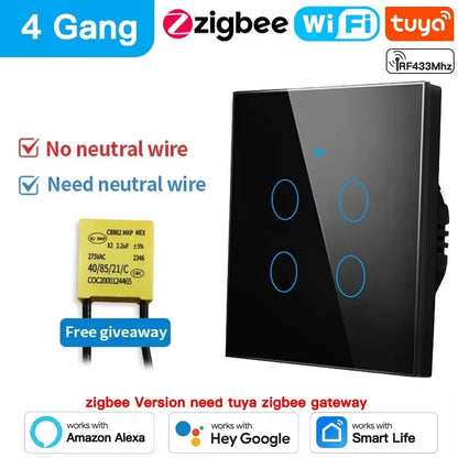 Tuya Wifi/Zigbee RF433 EU Smart Wall Switch 1/2/3/4 Gang Touch Sensor Button No-Neutral Wire,Voice With Alexa Google Home