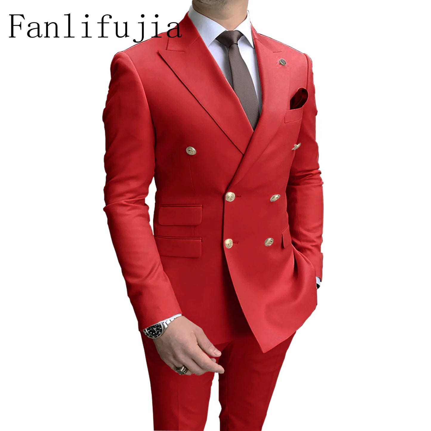 Fanlifujia Double Breasted Men Suit Pink Two Pieces Slim Fit 2024 Italian Wedding Costume Party Prom Gold Button Male Suit