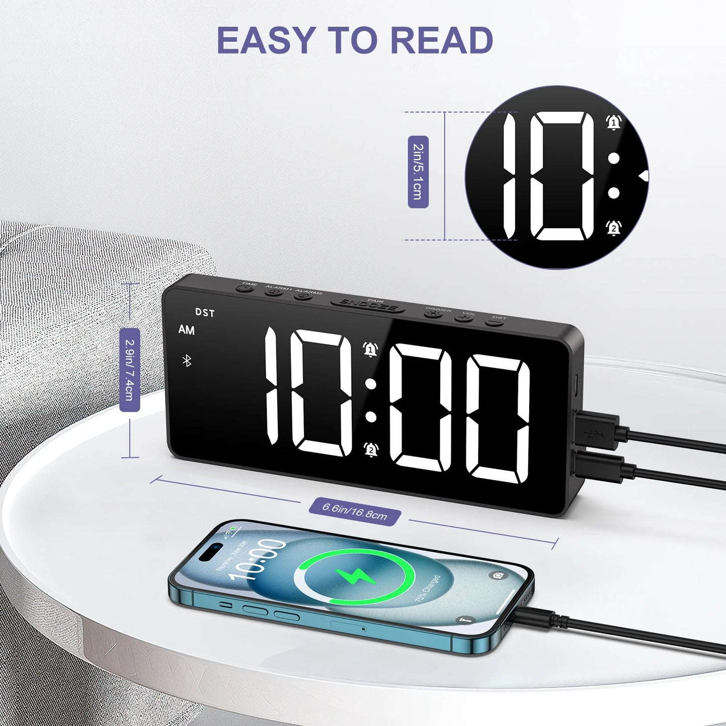 ORIA 7'' LED Alarm Clock with Bluetooth Sync Time Digital Alarm Clock with Dual Alarm & 5 Brightness Levels for Home Office Use