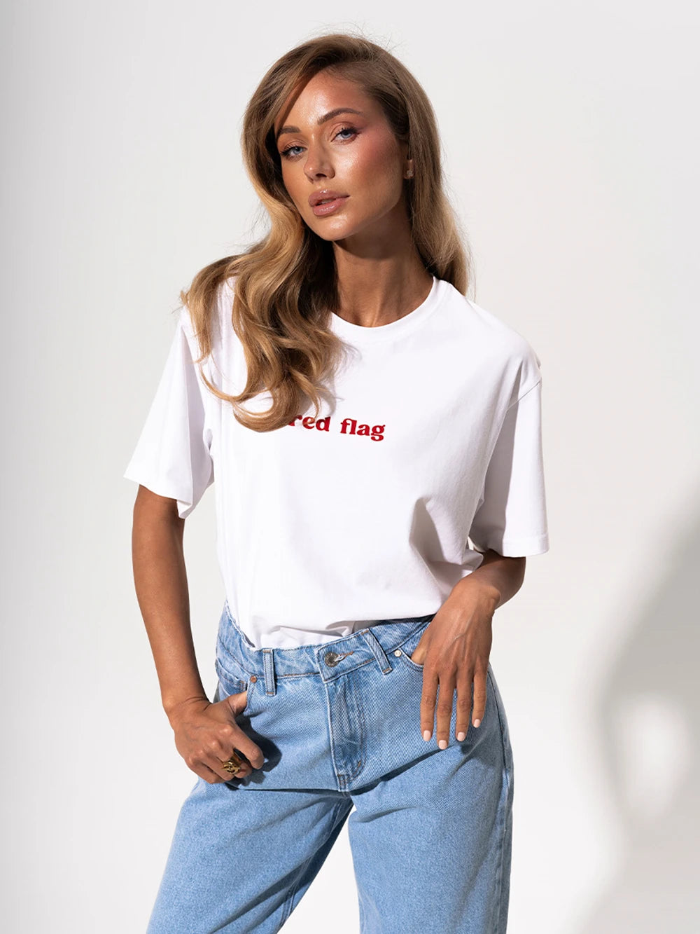 Red Flag T-Shirt Letter Print Women's T-Shirt Cotton Simple Design Summer Fashion Tee Boutique Drop Sleeve