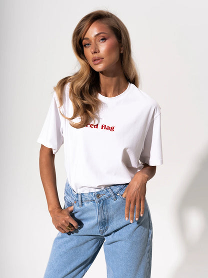 Red Flag T-Shirt Letter Print Women's T-Shirt Cotton Simple Design Summer Fashion Tee Boutique Drop Sleeve