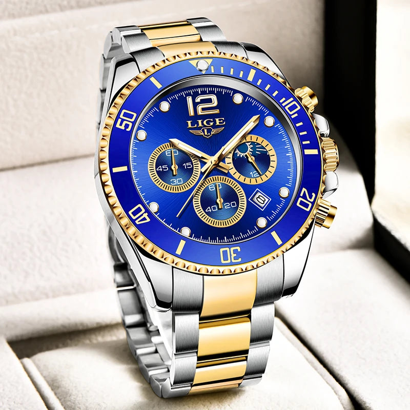 LIGE Outdoor Sport Watch For Men Fashion Military Waterproof Luminous Men Watch Round Stainless Steel Quartz Chronograph Male