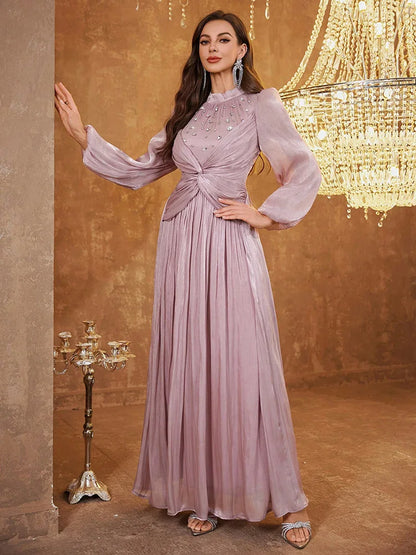 TOLEEN Women's Stand Collar Waist Twist Beaded Sequin Embellished Elegant Long Lantern Sleeve Shift Dress Wedding Spring Party