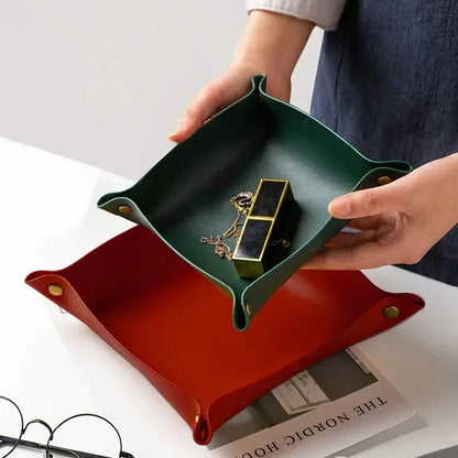 Nordic Leather Desktop Storage Tray Pu Leather Jewelry Cosmetic Key Storage Tray Desktop Folding Organizer Storage Box For Home