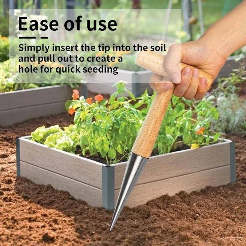 Durable Rust Proof Wood Handle Hand Dibber Hole Puncher for Seed Sowing Plant Transplanting Bulb Planting Remover Tool