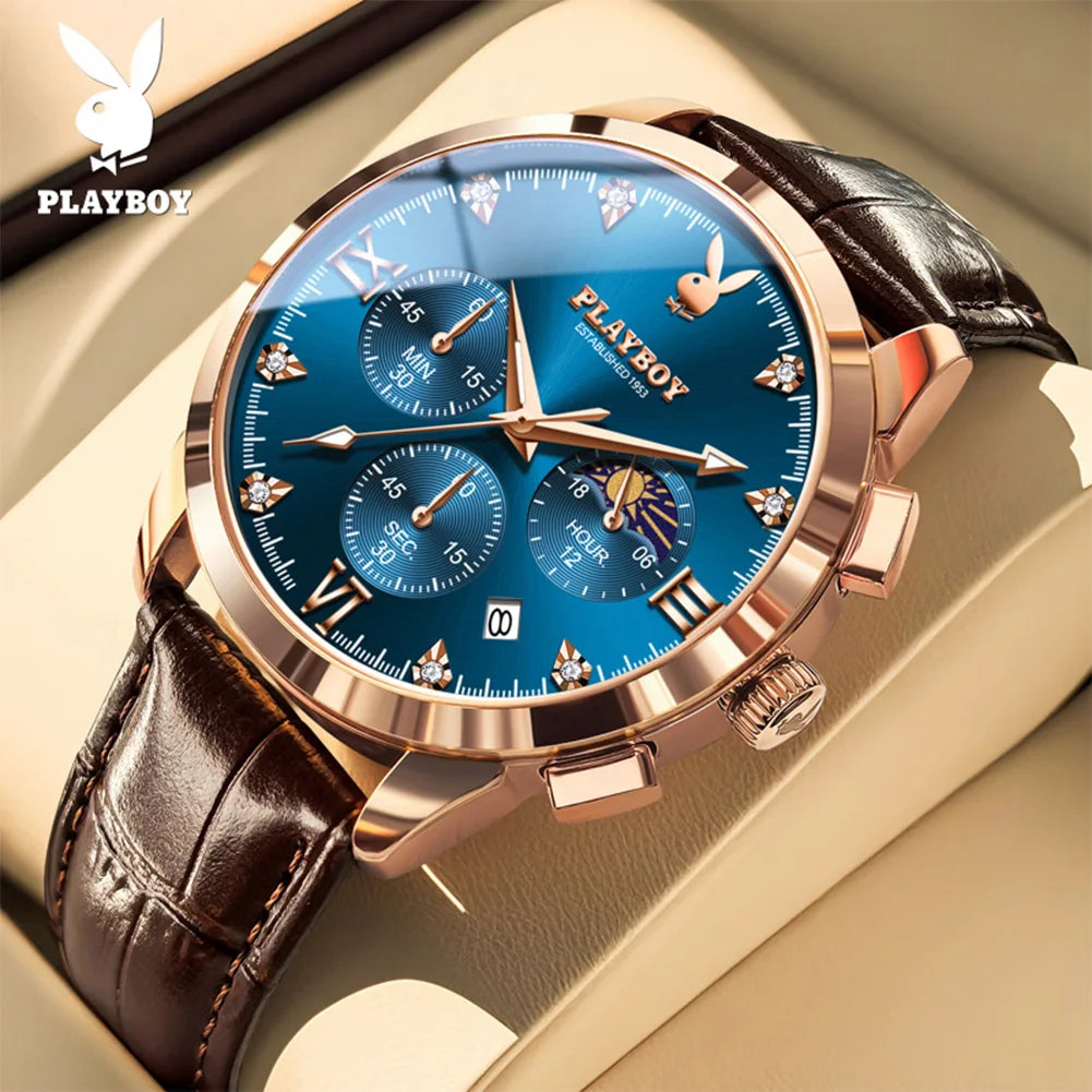 PLAYBOY 3035 Brand original authentic watches for man luxury Gift Box fashion Belt chronograph calendar quartz men's watch