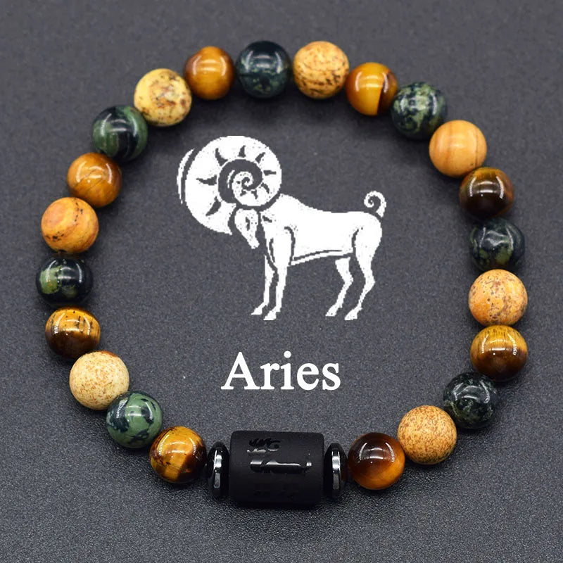 12 Zodiac Constellation Signs Bracelets for Men Women Real Natural Tiger Eye Stone Bead Bracelet Leo Taurus Charm Couple Jewelry