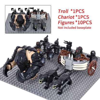 Medieval Battle Scene Building Blocks Beige Giant Troll Beast-Drawn Chariot 10 Warrior Bricks Figures MOC Collectible Model Toy