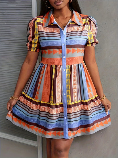 Summer Princess-Sleeve Geometric Print Shirt Dress, Suitable for Casual Vacations, Office Commutes, and Daily Home Wear