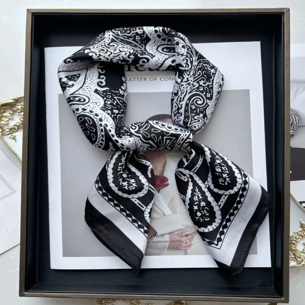 New Luxury Print Imitation Silk Square Scarf Thin Vintage Headkercheif Hijab Foulard Bandana Hair Scarf Headband Women