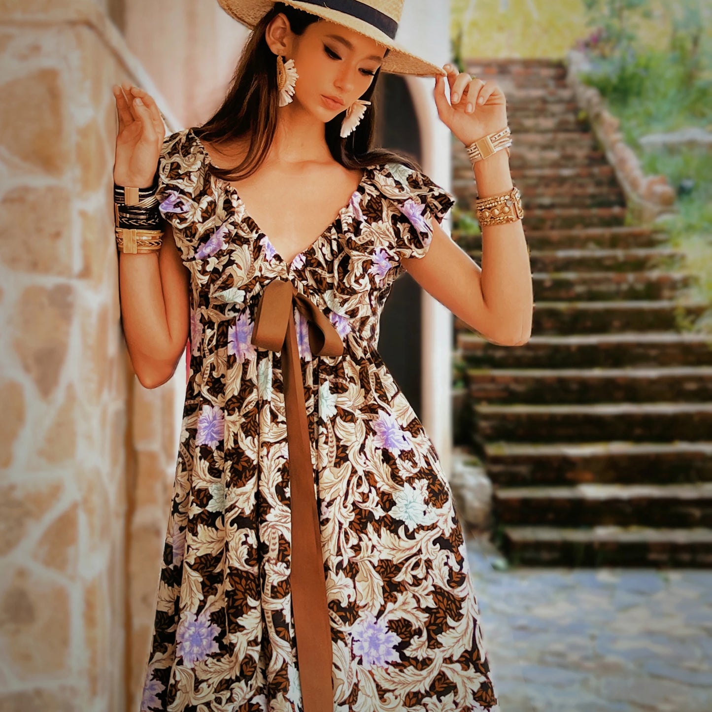 Summer Print Dress Women's Dress Tierred V Neck Bow Flying Sleeve Dress Knee-Length Skirt Y2K 2025 New DABUWAWA DM2BDR004