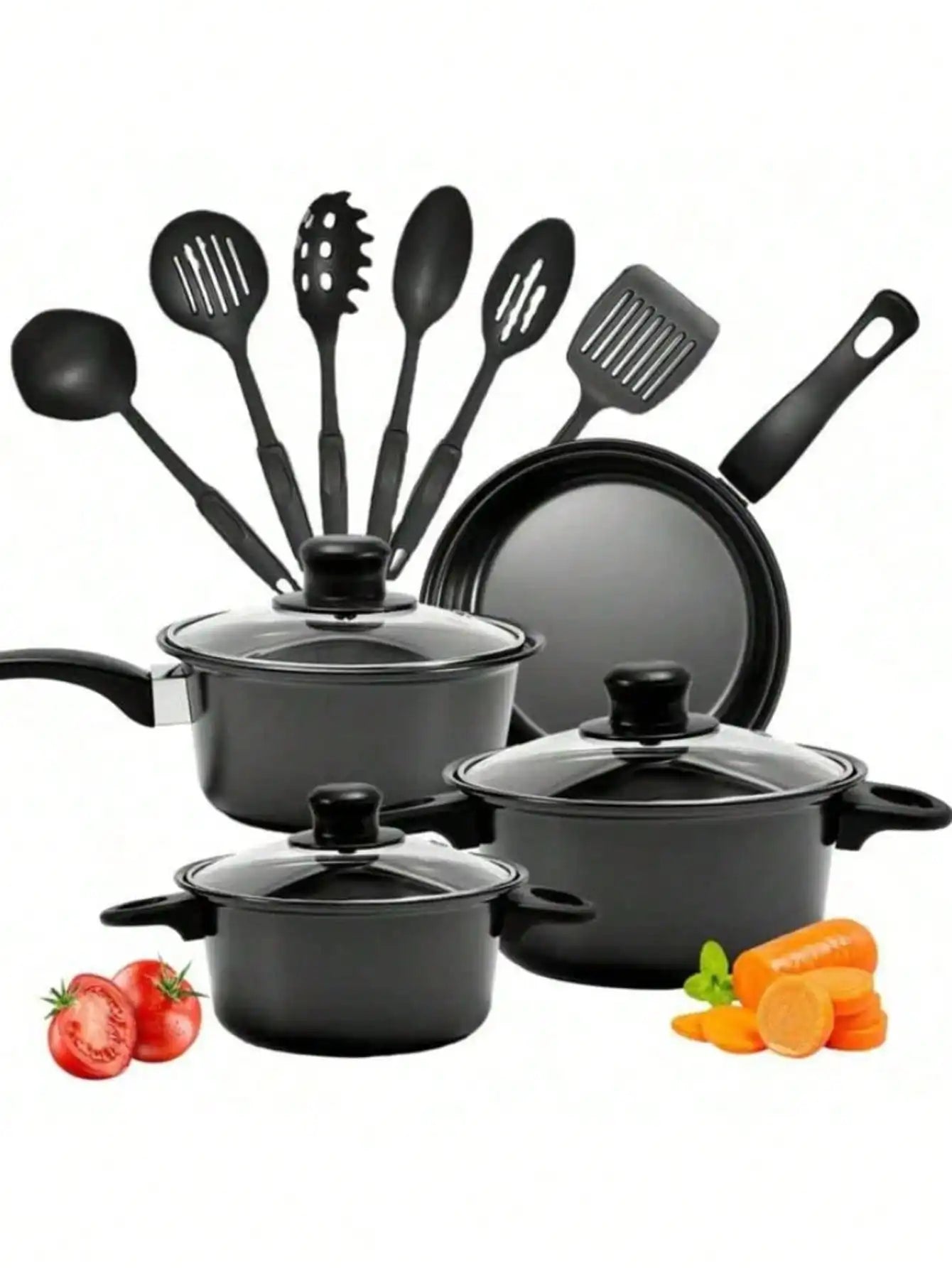 13Pc Nonstick Cookware Set, Induction Pots and Pans with Cooking Utensils, Black Kitchen Set for Home Camping, Thanksgiving Gift