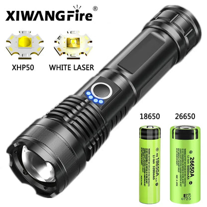 Aluminum Alloy White Laser Powerful LEP Flashlight 18650 or 21700 Battery Zoom Torch Light Lamp with Tail Rope Power Indicator