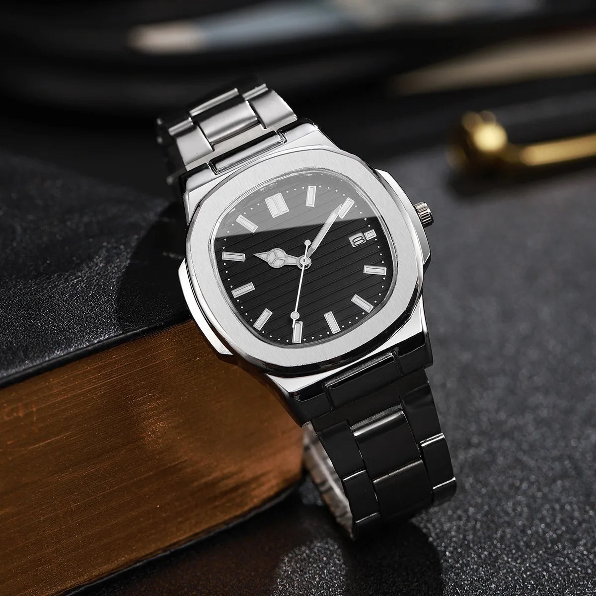 3PCS Fashion Men Business Watches Bracelet Necklace Set Square Dial Stainless Steel Band Quartz Watch with Calendar（Without Box）