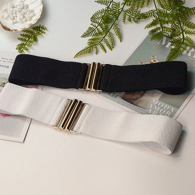 Fashion Women's Ladies Gold Buckle Wide Stretch Elastic Corset Waist Belt Waistband Dress Decoration Belt