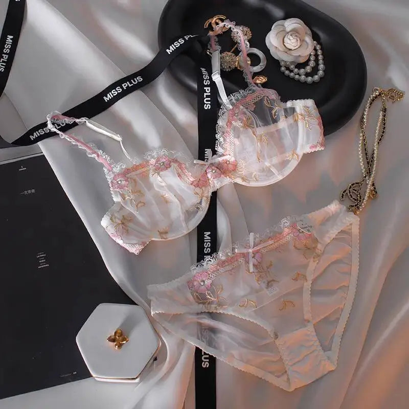 French Embroidered Lace Sheer Bra Set Women, Thin No Sponge Cups, Anti-Slip Support, Large Breasts Small Soft Comfort Wear S-xl