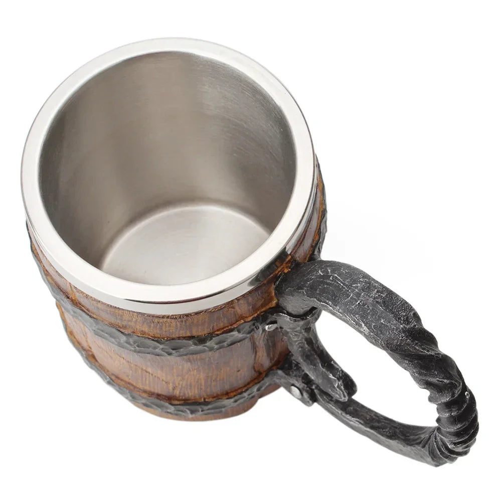 Viking Wood Style Beer Mug, Simulated Wooden Barrel Double Wall Metal Insulated Cup, 1Pc Bar Drinking Mug