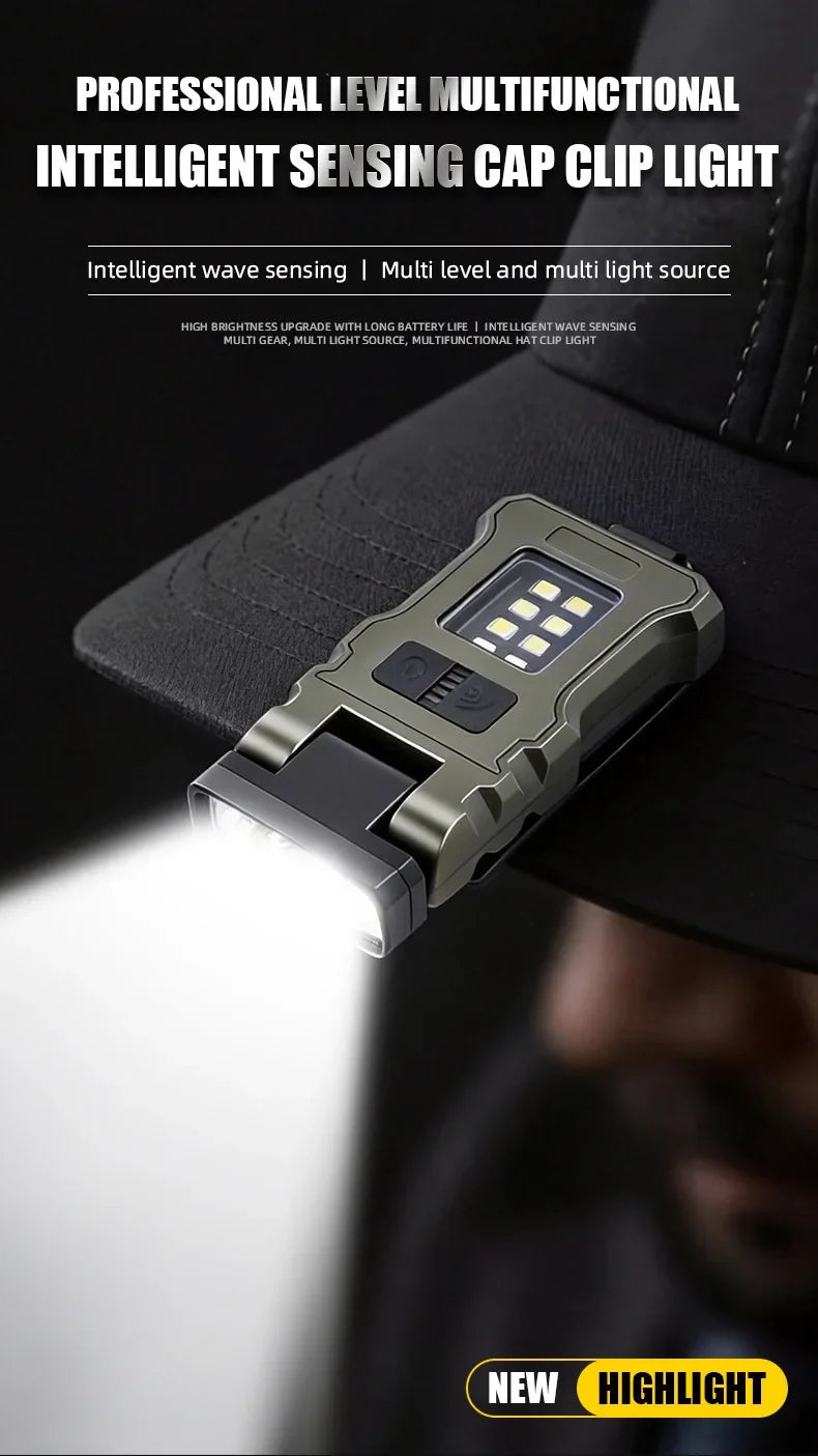 Portable LED Work Light Clip On Hat Light, Mini USB Rechargeable EDC Flashlight for Fishing Home Emergency Camping Headlamp