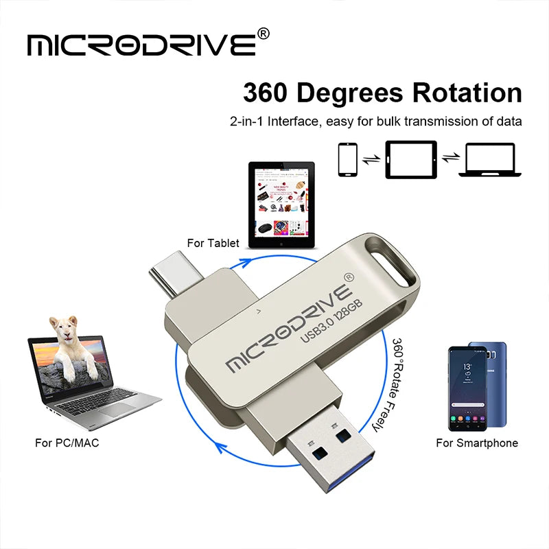 2 in 1 TYPE-C for Mobile Phone USB 3.0 Flash Drive 64GB Rotatable Black Memory Stick 128GB 256GB Pen Drive Pendrive U Disk