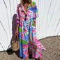 Women's Elegant Plus Size Pleated Short Sleeve V Neck Long Dresses Sweet Style High Waist Printed Dress Female Casual Loose Gown