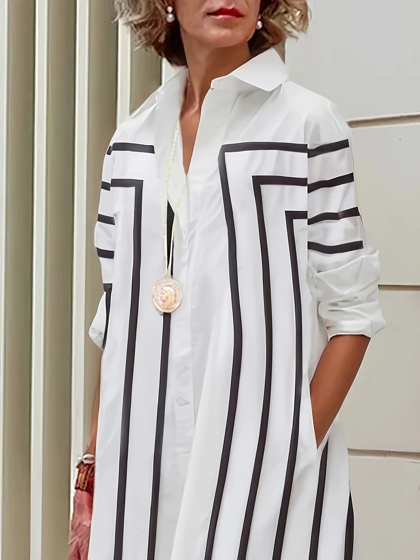 Women's Casual Striped Button Loose Fit Knee-Length Short Sleeve Black & White Vertical Stripes for Spring Summer Fall