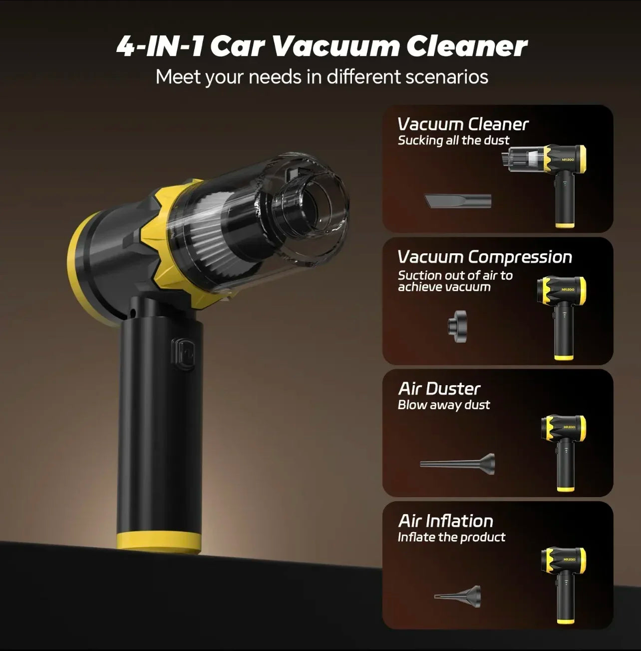Handheld Car Vacuum Portable Cordless 20000Pa High Power Suction Mini Vacuum Cleaner 4-in-1 Portable Vacuum for Car Home Office