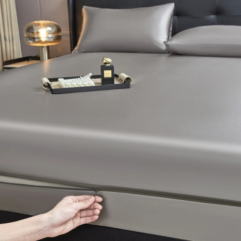 6-Sided Zipper Mattress Encasement Luxury Cooling Satin Dustproof Mattress Protector, Full All Around Deep Pocket Mattress Cover