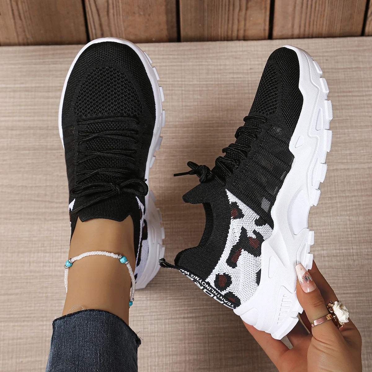 Leopard Print Knit Women's Sneakers Breathable Mesh Lace Up Casual Walking Shoes Non-Slip Thick Sole Fashion Sport Trainers for