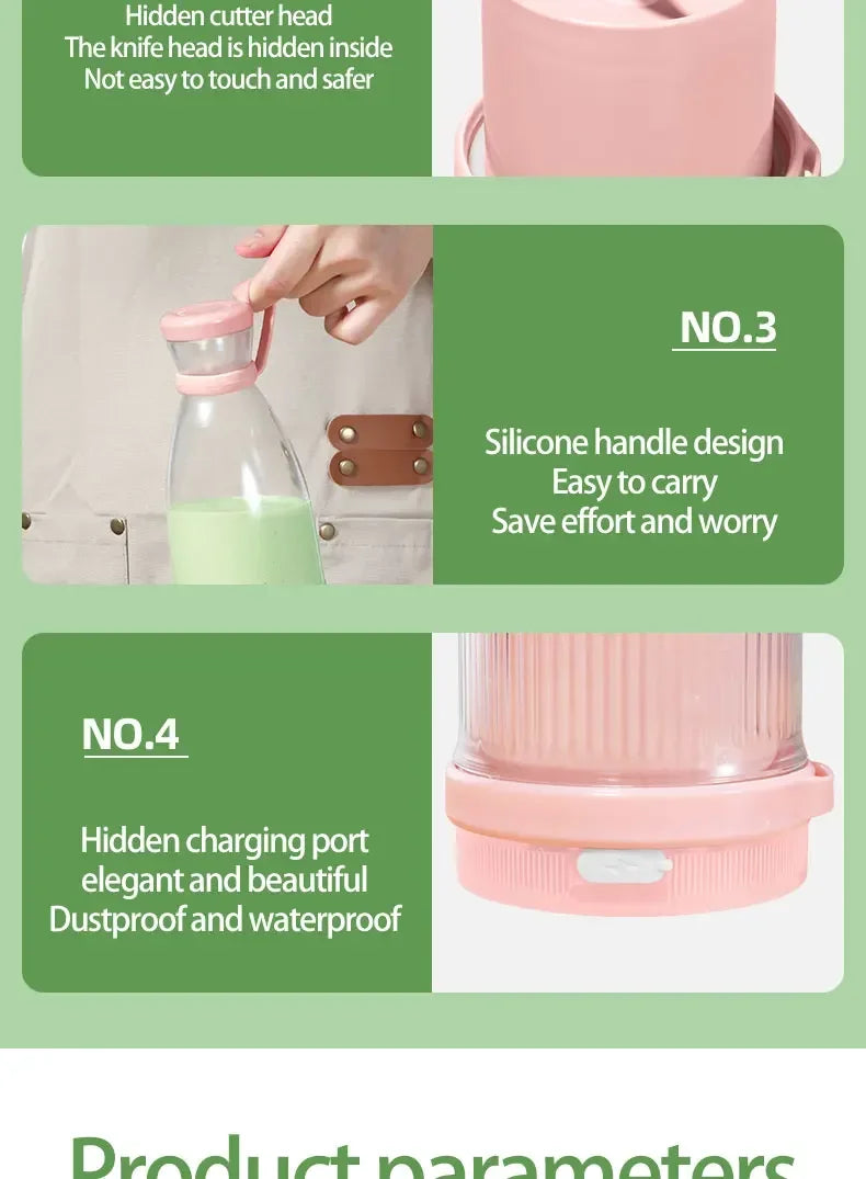 Portable Electric Juicer Cup with 6 Blades USB Mini Milkshake Blender Fresh Fruit Milk Mixing Tool for On-the-Go