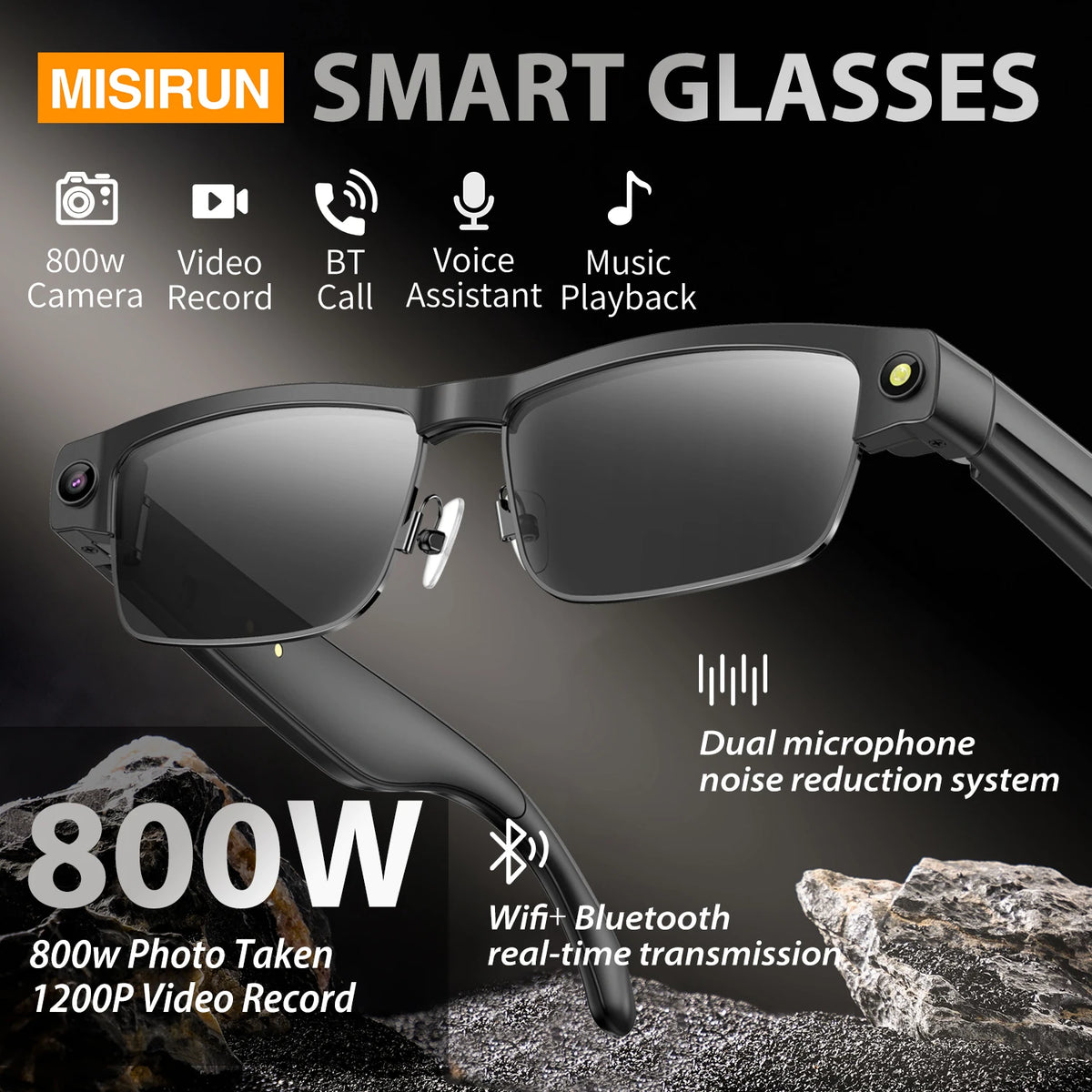 800W Pixel Camera Smart Glasses Photo Video Record BT Call Al Object Recognition Voice Assistant Translation Music Sunglasses