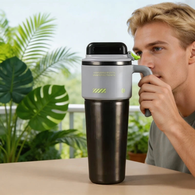1L 304 Stainless Steel Vacuum Insulated Water Bottle One Touch Flip Lid Thermos Mug with Straw Handle for Car Travel Home Daily