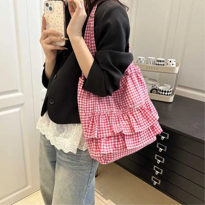 Cute Plaid Cotton Tote Bag Large Capaci Lace Trim Women's Summer 2026 Simple Lady Handbag Soft Shoulder Bags Bolsa Feminina