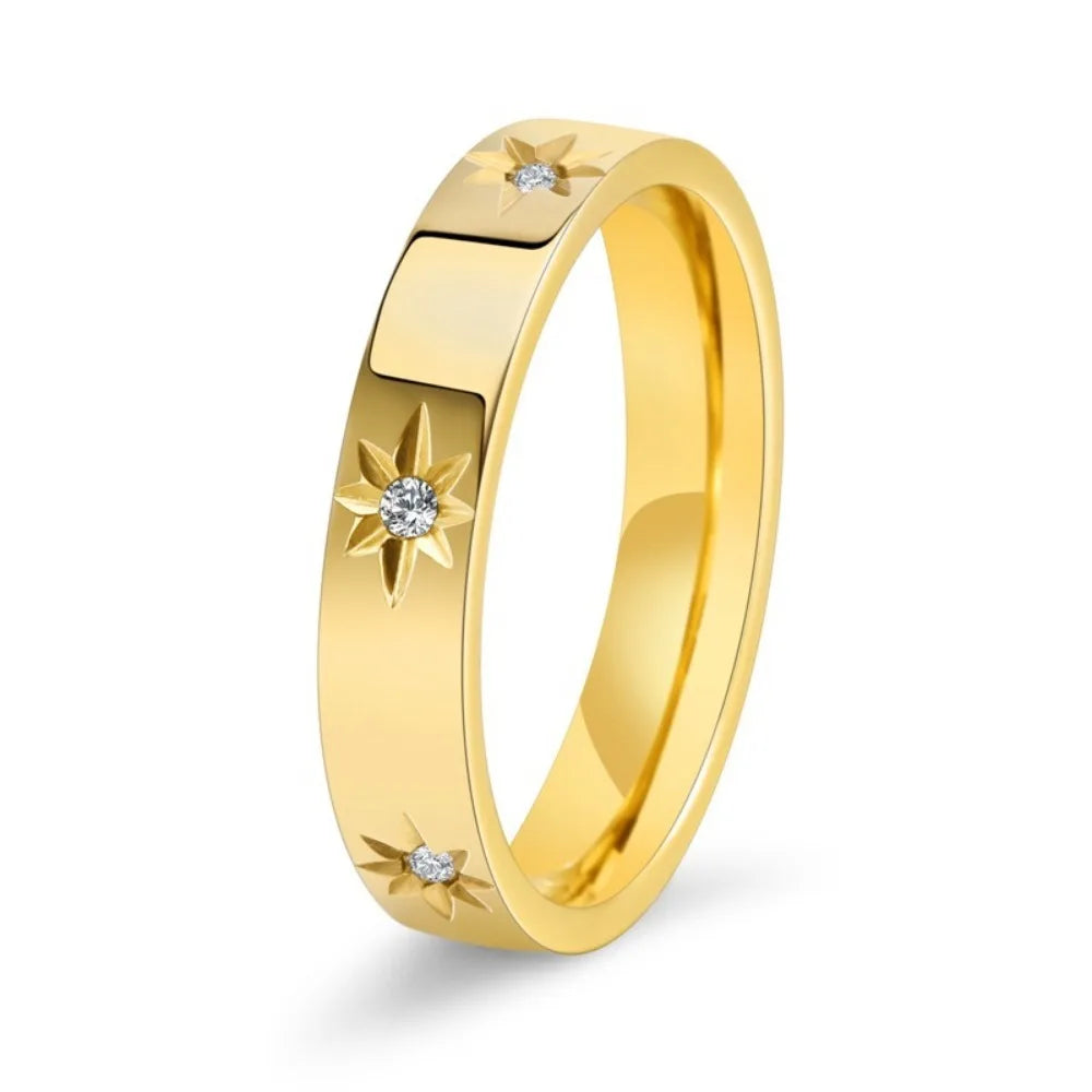Kolmnsta New 4mm Sunflower Titanium Steel Ring For Women Gold Plated Cubic Zircon Engagement Wedding Rings Couple Jewelry Gifts