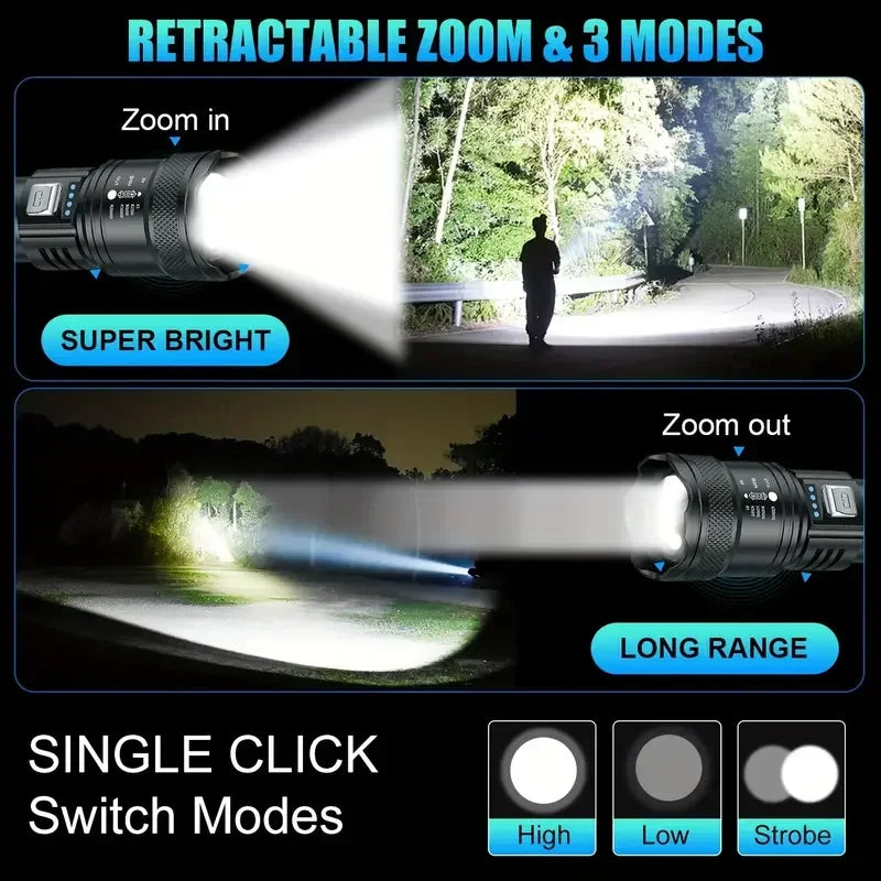 Super Bright LED Flashlight Type-C Rechargeable Long Range Tactical Torch Outdoor Waterproof Emergency Camping Fishing Lantern