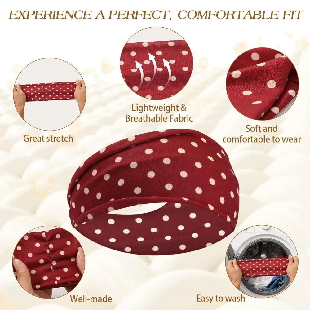 1-6Pack Polka Dot Headband for Women Non Slip Elastic Floral Hairbands Soft Fabric Hair Bands for Yoga Workouts Breathable