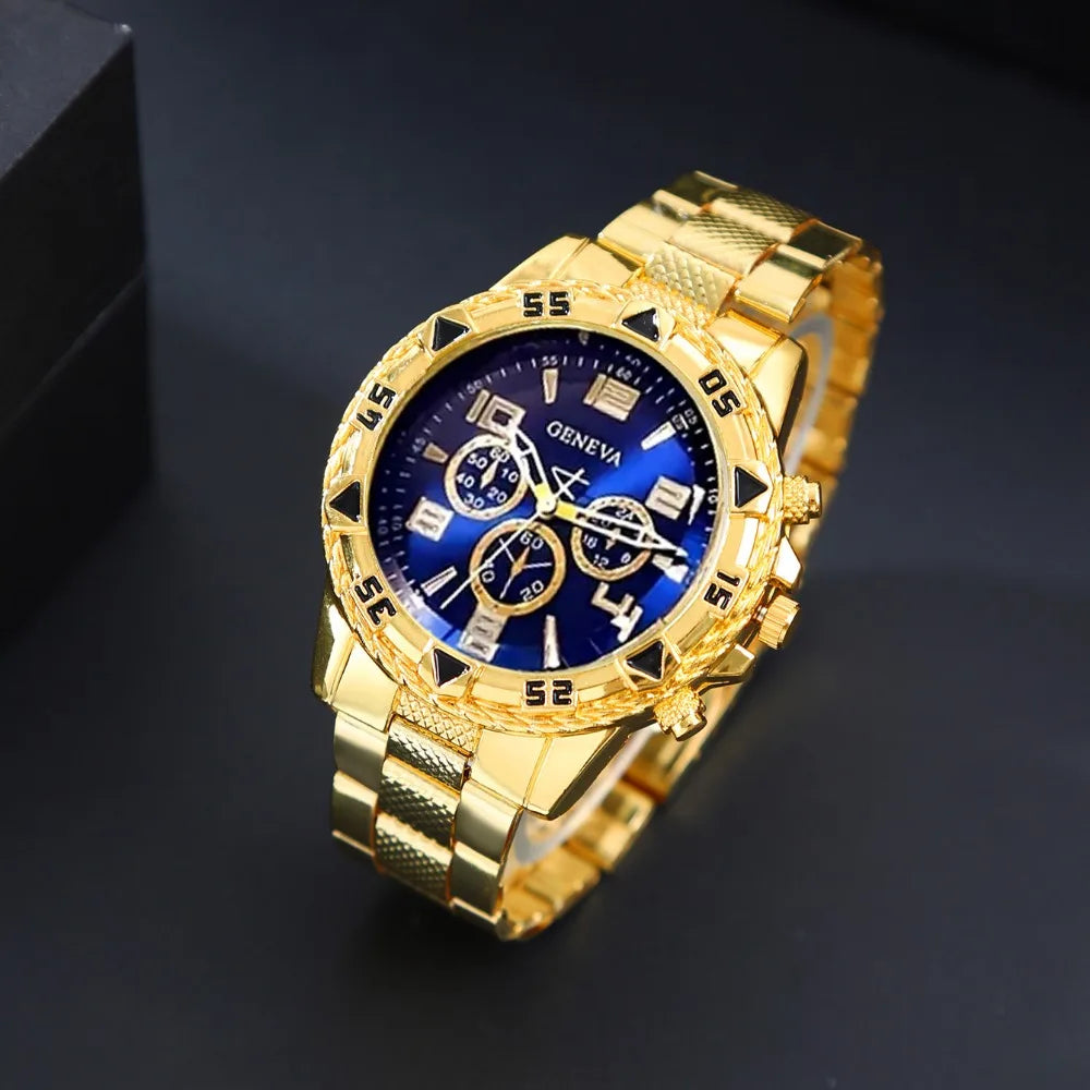 4 Pcs/Set Fashion Men's Watches  Alloy Men Quartz Wrist Watch Casual Business Mens Clock Necklace Bracelet Ring Set