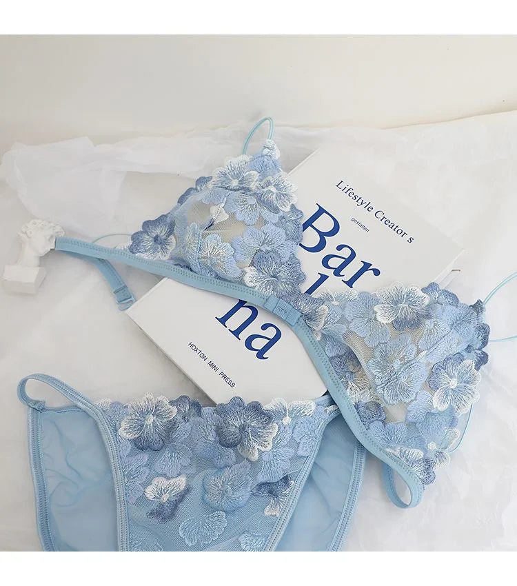 French Lace Bralette Small Bust Women Wireless Ultra Thin Sexy Embroidery Mesh No Underwire Push Up Comfort Bra Set BANERDANNI