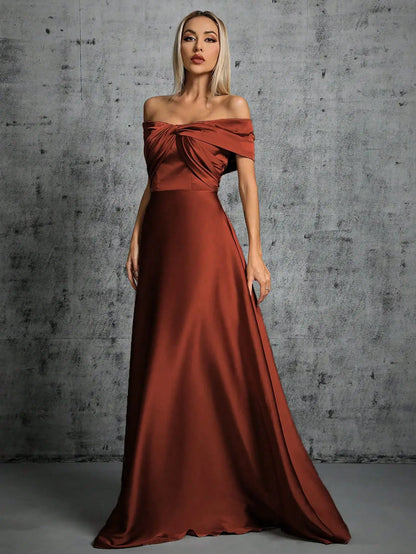 Mgiacy Line neck irregular cross pleated satin gown ball dress Party dress bridesmaid dress