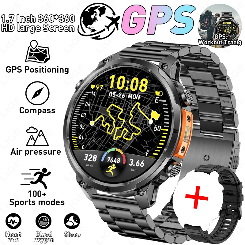 LIGE 2026 Nowy Męski Wojskowy Zegarek Smartwatch GPS Mapa Kompas Pamięć 4GB Bateria 1000mAh Wodoodporność 10ATM Rozmowy Bluetooth HD